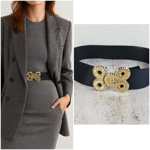 Vintage 80s 90s Wide Statement Belt Black Leather Gold Buckle Adjustable Disco